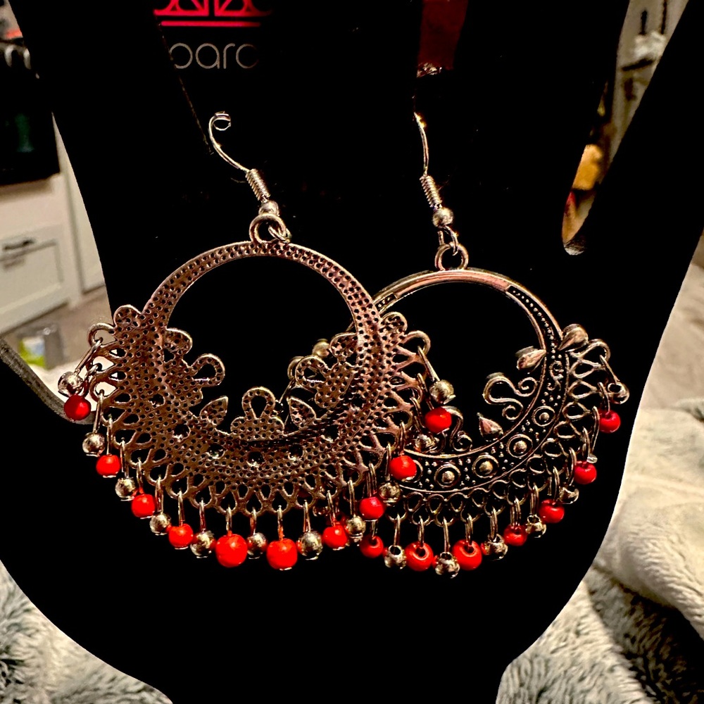 Silver fish hook earrings with red accent beads